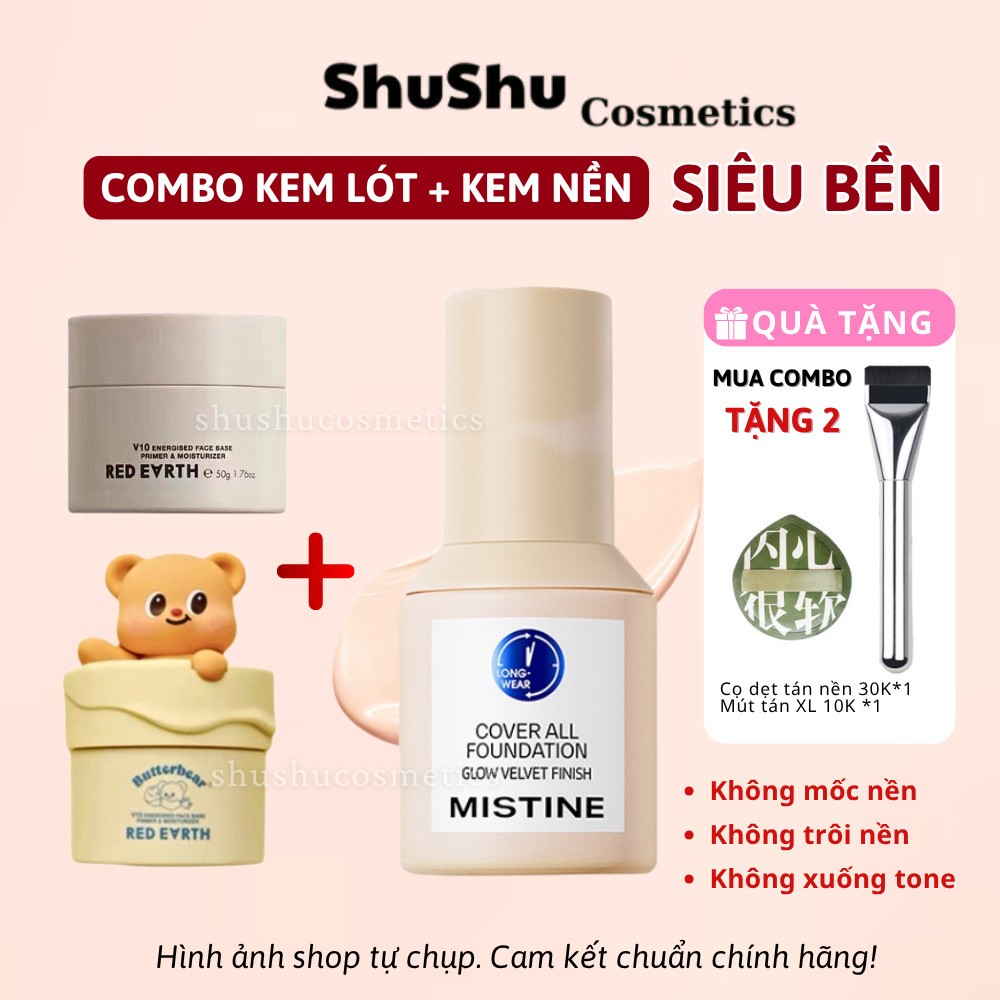 [NỀN SIÊU BỀN] Combo kem lót RED EARTH và kem nền MISTINE tặng kèm cọ dẹt tán nền SHUSHU COSMETICS