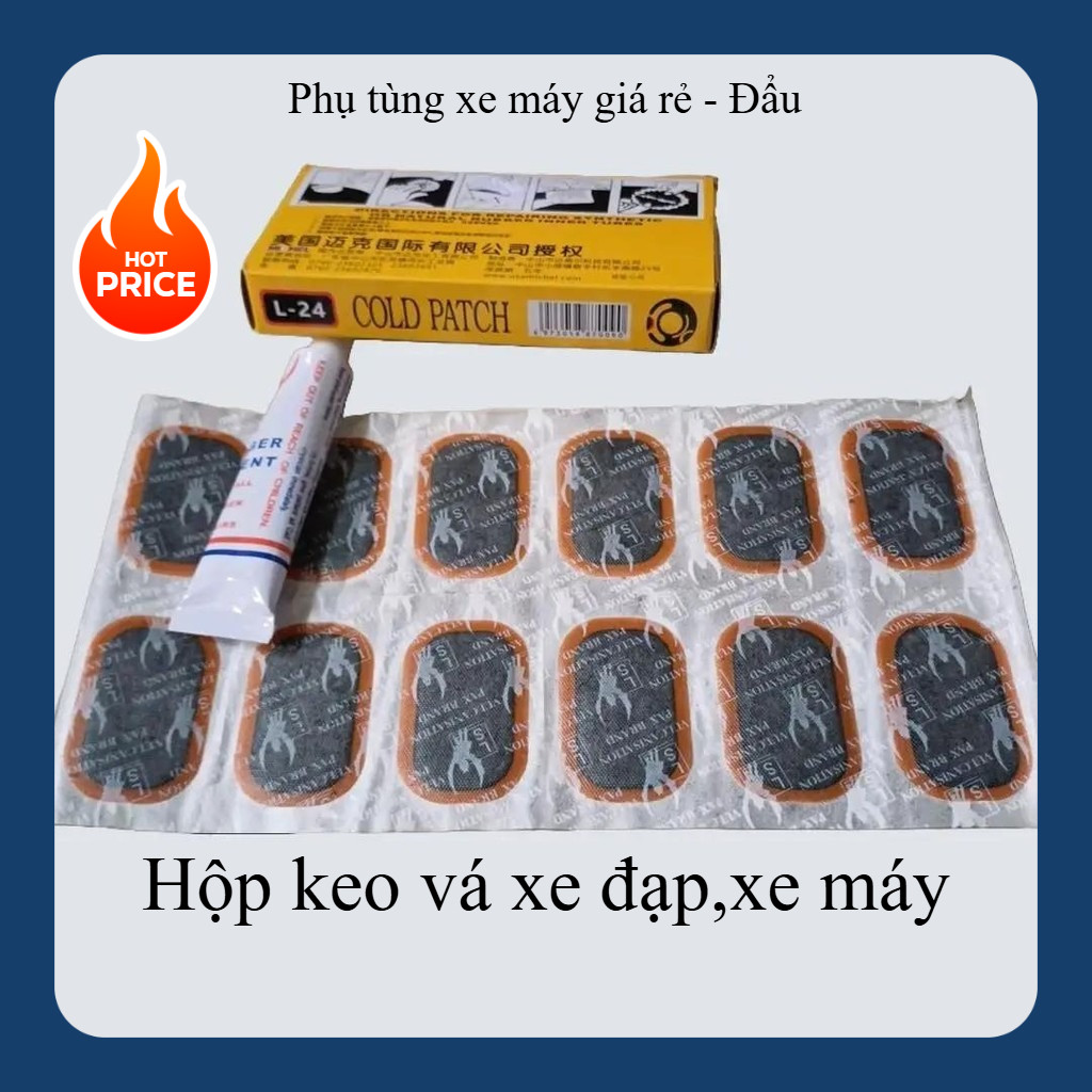 Keo vá lốp xe máy,Hộp miếng vá xe, miếng vá xe máy xe đạp trọn bộ 24 miếng và 1  lọ keo giá tốt