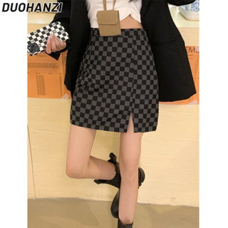 Duohanzi Quần short nữ Hàn Quốc ca rô váy kẻ sọc váy ngắn thon mùa hè eo cao xẻ tà váy hông