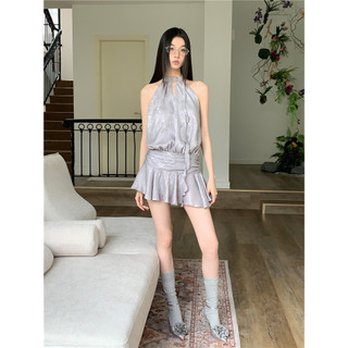 Thời trang Pháp◆Ren Rỗng Dây Cổ Không Tay Satin Đầm Mùa Hè Hẹp Dây Chữ A Váy Nữ