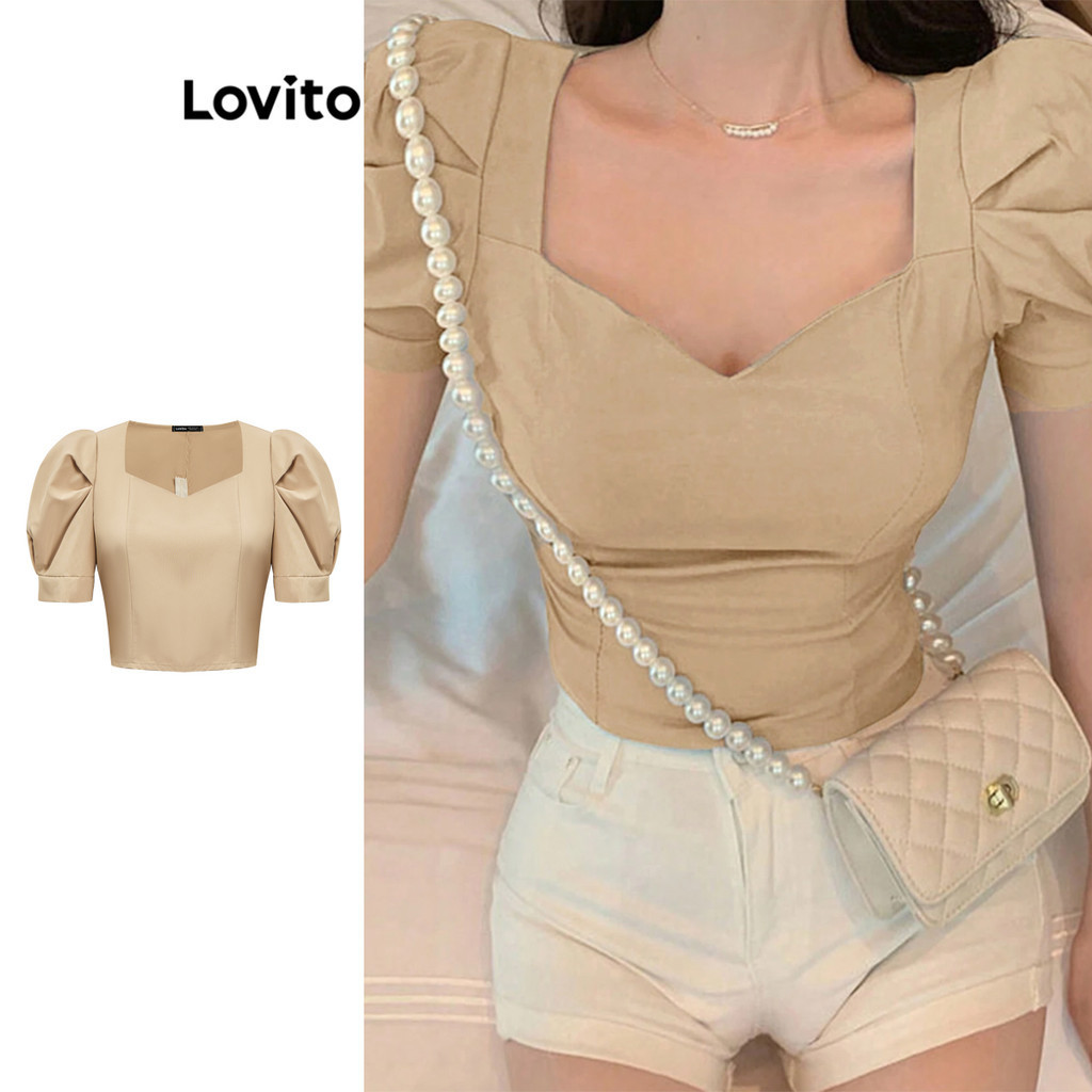 Lovito Áo kiểu xếp li trơn đơn giản cho nữ L91ED521