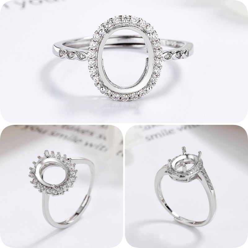 Đa Năng DIY Nhẫn Khung S925 Mạ Bạc Mở Đầu Nhẫn Nữ Trần Khay dát Đá Quý Ngọc Hình Bầu Dục Trứng Mì