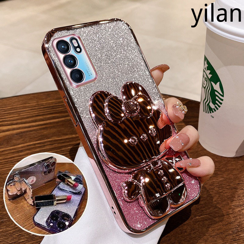 Ốp Điện Thoại OPPO RENO 6 5G RENO 6Z 5G Ốp lưng Giá Đỡ Gương Bột Lấp Lánh Thời Trang Mạ Điện Silicon Mềm Vỏ Điện Thoại Thỏ Dễ Thương Chống Rơi