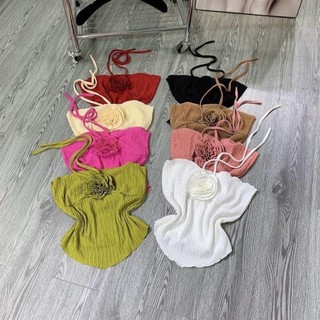 Áo yếm đính bông hồng cột dây nơ cổ. Áo ống nữ vải xốp nhật cotton mã s4