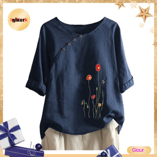Giaurz Văn Phòng Nữ Tay Dài Cổ Tròn Thêu Hoa Nút Áo Sơ Mi Vintage Áo Top