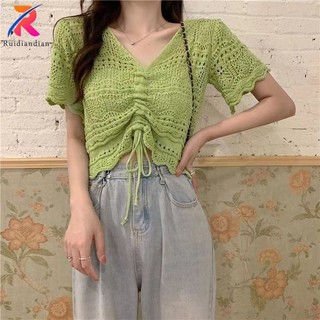 Ruiddian 2024 Mới Cutout Dây Rút Dệt Kim Nữ Mùa Hè Mỏng Rời Cổ Chữ V Top Phiên Bản Hàn Quốc Thời Trang Quần Áo Thường Ngày