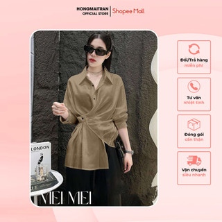 Set áo sơ mi nâu thắt nút cách điệu kèm quần suông đen thời trang hong mai tran st14935