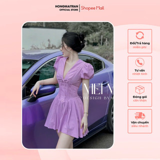 Váy nữ cổ V thắt nơ dáng xòe chiết eo tay bồng màu tím cực xinh phong cách tiểu thư HONG MAI TRAN V14976