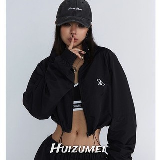 HUIZUMEI Áo khoác nữ cổ điển kiểu Mỹ có dây kéo áo khoác ngắn