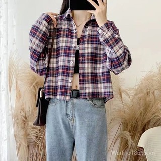Áo khoác nữ mùa xuân thu Áo sơ mi dáng ngắn dễ phối thân hình nhỏ phong cách Hàn Quốc kẻ ca rô áo dài tay phong cách học đường rộng rãi thường ngày