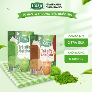 Combo Mix 2 Hộp Trà Sữa Matcha + Trà Sữa Anh Quốc Hòa Tan 3in1 Cozy Đậm Đà Vị Trà, Thơm Ngậy Vị Sữa (10 gói x 17gr)