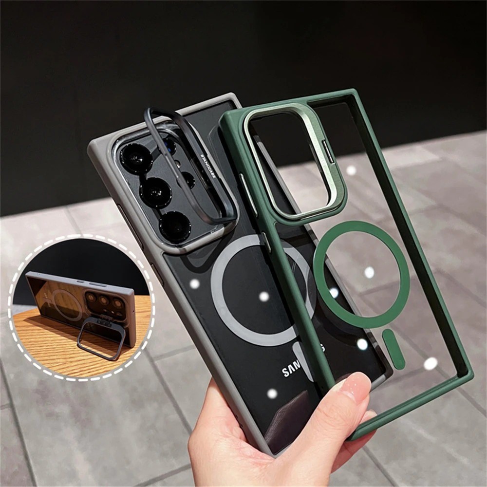 Giá đỡ ống kính vô hình từ tính sang trọng Vỏ điện thoại mờ cho Samaung Galaxy S24 S23 S22 Ultra S24Plus S23FE S23plus Vỏ sạc không dây Vỏ cứng chống sốc