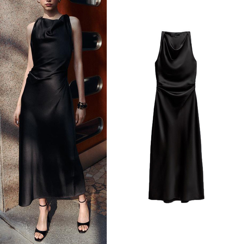 Zara made in Morocco đủ tag đầm lụa Satin cổ yếm dáng dài quyến rũ