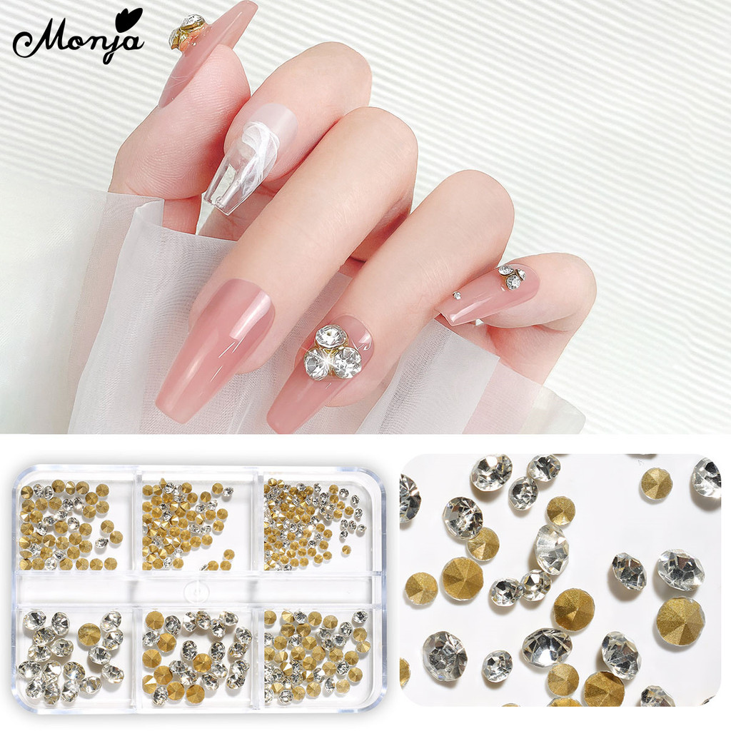 Monja 6 Lưới 3D Mini Móng Tay Nghệ Thuật Kim Cương Giả Quyến Rũ Kính Tròn Mũi Nhọn Đáy Móng Tay Lấp Lánh Pha Lê Diamon DIY Móng Tay Nghệ Thuật Trang Trí