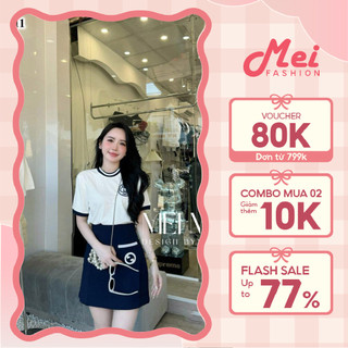 Set áo phông trắng thêu hình mix chân váy ngắn chữ A màu xanh phong cách trẻ trung Mei Fashion ST14711