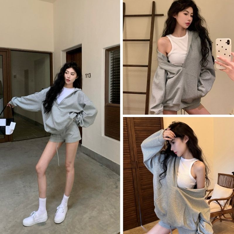 Set đồ nữ 3 món hot trend, Sét áo croptop ôm + áo hoodie cổ v dáng rộng có mũ + quần short cạp chun sang chảnh cho nữ