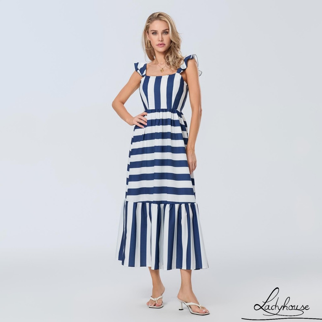 Ldd-nữ Slip Dress Thanh Lịch Bay Tay Sọc Đầm Dài Mùa Hè Cho Tiệc Cocktail