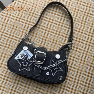 [CRUSH] Túi Nách, Túi Xách Vải Họa Tiết, Túi Đeo Vai Dây Xích Denim Nhỏ Ngôi Sao Thời Trang Nữ