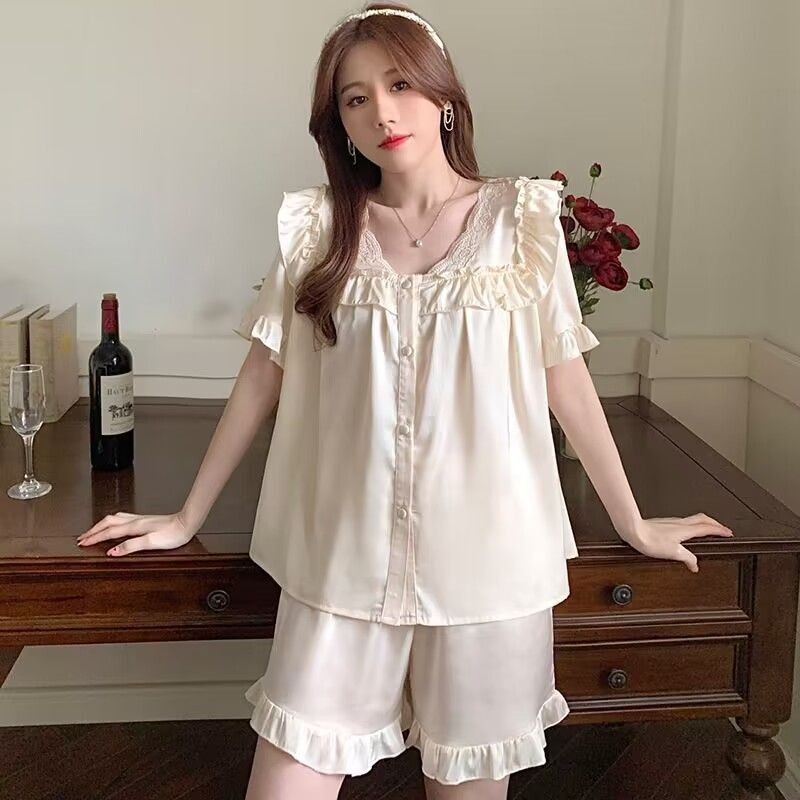 Đồ Ngủ Đồ Mặc Nhà Lụa Giả Kiểu Pháp Phong Cách Sang Trọng Nhẹ Tay Ngắn Lụa Băng Lụa Mẫu Mới Mùa Hè