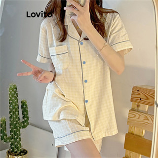 Lovito Bộ đồ ngủ thông thường Bộ đồ ngủ nút trơn dành cho nữ LNA38126 (Vàng)