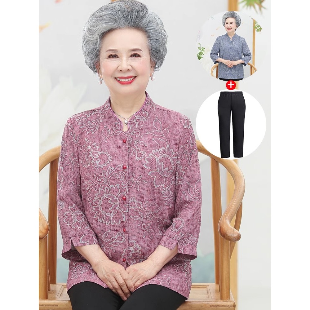 Áo Sơ Mi Người Cao Tuổi Quần Áo Ông Già Quần Áo Mùa Xuân Ba Phần Tư Tay Áo Sơ Mi 70 Tuổi 80 Mẹ Mùa X
