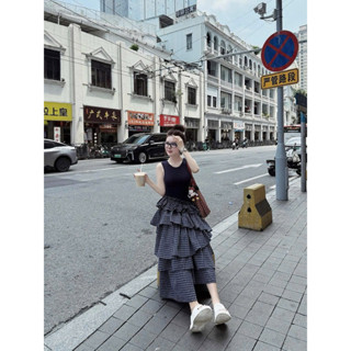 Váy đầm áo balo phối váy liền thân xếp ly tầng dáng dài MPB, Váy 3lo trơn mix chân váy liền kẻ caro cá tính Celia