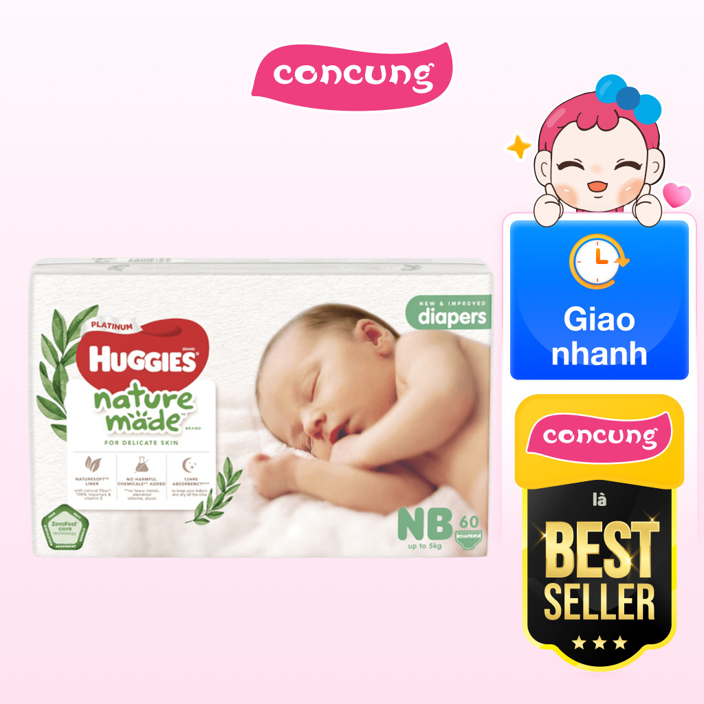 Bỉm tã dán Huggies Platinum Nature Made size Newborn 60 miếng (dưới 5kg) - concung