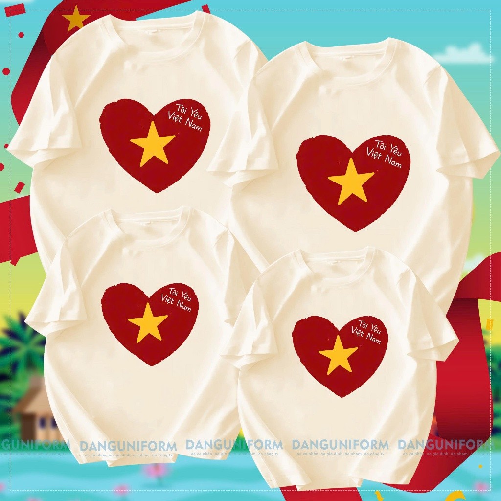 Áo thun gia đình-Áo thun trắng/kem in trái tim đỏ sao vàng Tôi Yêu VN chất cottton 100% co giãn 4c, hình in bền chặt