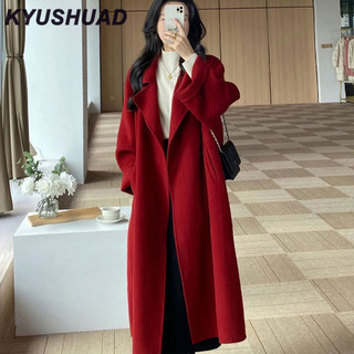 Kyushuad Áo khoác nữ len đỏ cỡ vừa đến dài dáng rộng, giảm béo và cao cấp