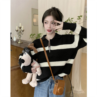 Suxi Pháp Retro Sọc Cổ Áo Polo Thu Đông Thời Trang Mới Áo Len Dài Tay Nữ Áo Len Dệt Kim 240807