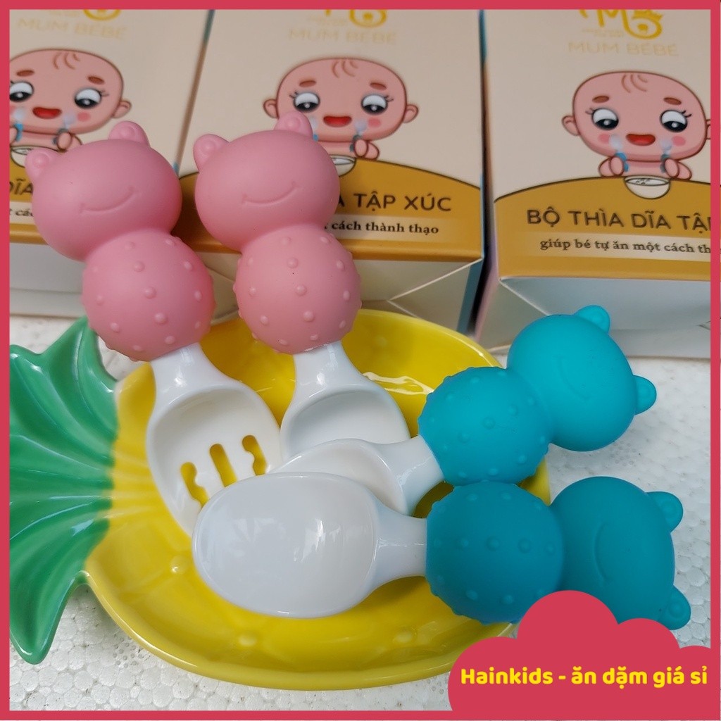 Set Thìa Nĩa Mumbebe Tay Cầm Silicon Chống Trơn, Set Thìa Nĩa Mèo Mum Bébé Tập Xúc Cho Bé, Màu Sắc D