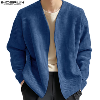  Incerun Nam Hàn Quốc Áo khoác dài tay không có cổ dáng rộng màu trơn 