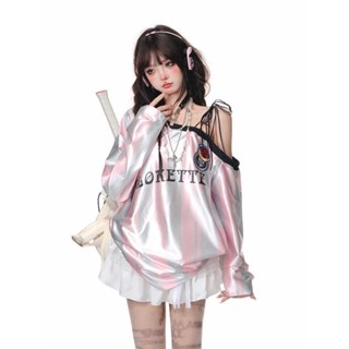  Mỹ Retro Áo Sơ Mi Slope Vai Bóng Chày Jersey Nữ Đầu Thu Mới Cay Bé Gái Phong Cách Thể Thao Dài Tay Tee Y2k Y3K Top 