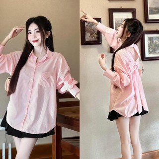 [BIGSIZE 50-95kg] Áo Sơ Mi Nữ Sọc Tay Dài Cách Điệu Thắt Nơ Sau Lưng Form Rộng Dễ Thương Cao Cấp Cho Nàng Múp Xinh