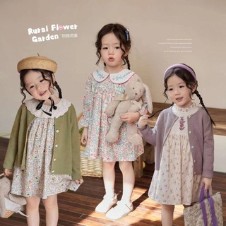   Sẵn sàng  Phiên bản Hàn Quốc Quần áo trẻ em Váy hoa cho bé gái Váy dài tay phong cách phương Tây Váy cổ búp bê trẻ em Váy mùa xuân phong cách mùa thu Size 90-130 