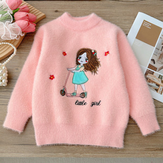 Mùa Thu Đông Áo Chui Đầu Trẻ Em Áo Len Hoạt Hình Bông Tuyết Bé Gái Áo Len Chui Đầu Bé Gái Cổ Tròn Áo Len Giả Chồn Lông Cừu Thời Trang