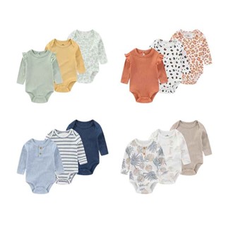 Kiddiezoom 3 Bộ Body Sơ Sinh 100% Cotton Tay Dài 0-12M Quần Áo Cho Bé Mùa Đông