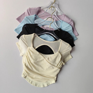 Bộ đồ tập Yoga lưới cao cấp kiểu Pháp dành cho nữ Quần áo thể thao ngắn tay Pilates có đệm ngực Áo thun thể dục phong cách ngắn