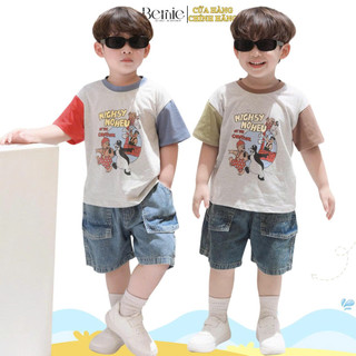  Set bộ tay ngắn phối màu họa tiết carnival kèm quần short jean bé trai 11kg tới 28kg BERNIE H0525B47 