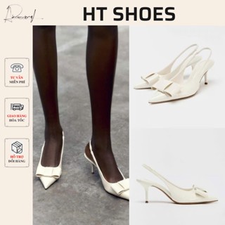  Giày cao gót Z nữ slingback 6cm  mũi nhọn kem phối nơ tiểu thư da bóng sang đi tiệc hay công sở 9147-1 