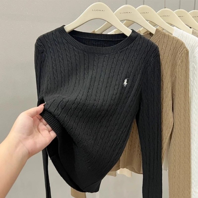 Áo len dệt kim tay dài thêu ngựa phong cách Hàn Quốc, họa tiết xoắn dây - cổ tròn màu trơn mềm mại | BigBuy360 - bigbuy360.vn