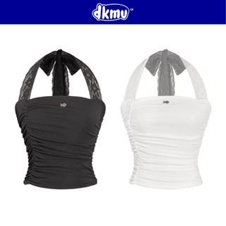 Áo cổ yếm cột dây nữ DKMV thiết kế nhún bèo phối dây ren logo cá inox siêu đáng yêu màu đen, trắng Tahlia Top | K-T37