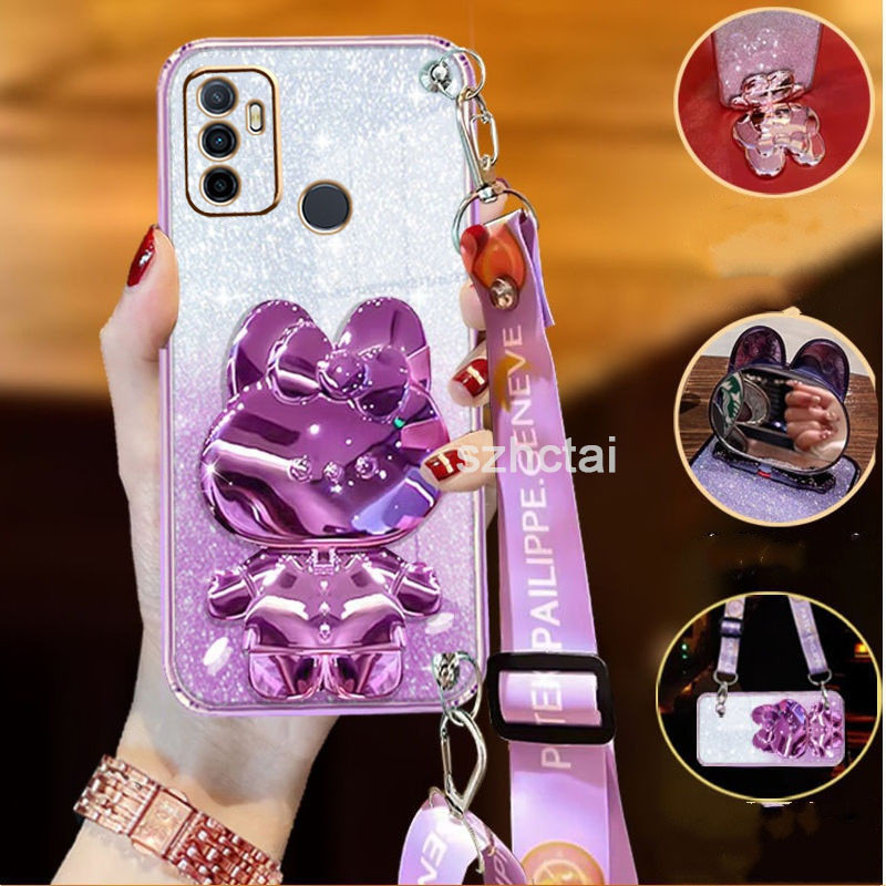 Ốp Điện Thoại OPPO A53 2020 A33 2020 Ốp lưng kiểu dây đeo cổ tay dài có giá đỡ gương mỹ phẩm thỏ Vỏ 