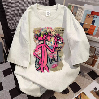 SALMO Áo phông nữ xám form rộng áo.kiểu Báo Hồng in hình cute100% cotton local brand Y1752