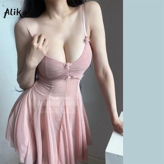 Váy treo nữ Alika cổ chữ V gợi cảm dễ thương phiên bản Hàn Quốc thiết kế hoa ba chiều