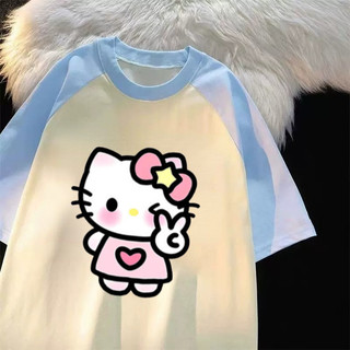 [Polyester] Áo thun ngắn tay Kitty nối thời trang mới mùa hè dành cho nữ Áo thun cổ tròn đa năng dáng rộng dành cho học sinh