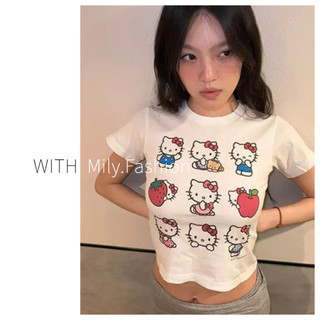 Milyfashion  100%Pure CottonHelloKittyCat Short SleeveTT-shirt Women's Summer New American Short Shoulder Hot Girl Topins