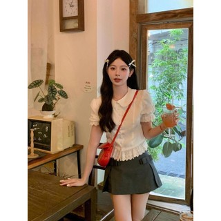 Yuewen Preppy Ngọt Ngào Áo Sơ Mi Tay Ngắn Nữ Pháp Áo Sơ Mi Cao Cấp Tay Phồng Top