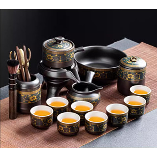 Bộ Ấm Trà Cối Xay Gốm Sứ Retro Lòng Trắng Hoa Vàng 8 Tách Cao Cấp - Hoa Văn Sắc Sảo - Trọn Bộ Qùa Tặng