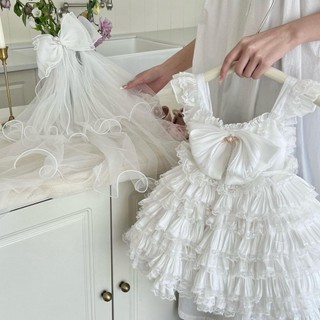 V612 - Váy Lolita Trắng Tầng Cao Cấp Bé Gái (Váy + Nơ + Tùng Phụ)